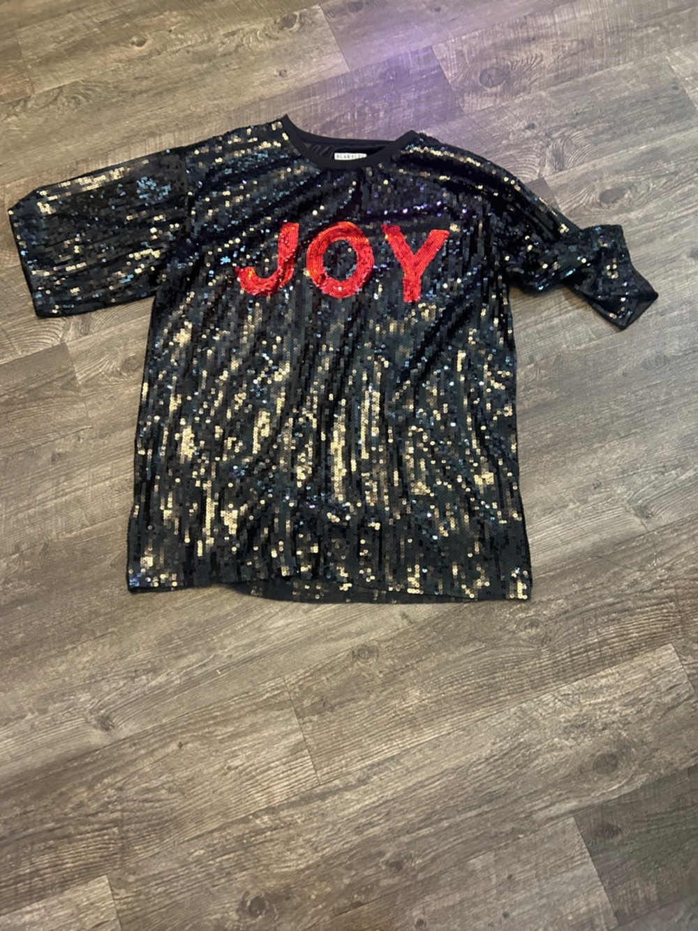 Black Sequin Mini Dress with Red JOY Lettering